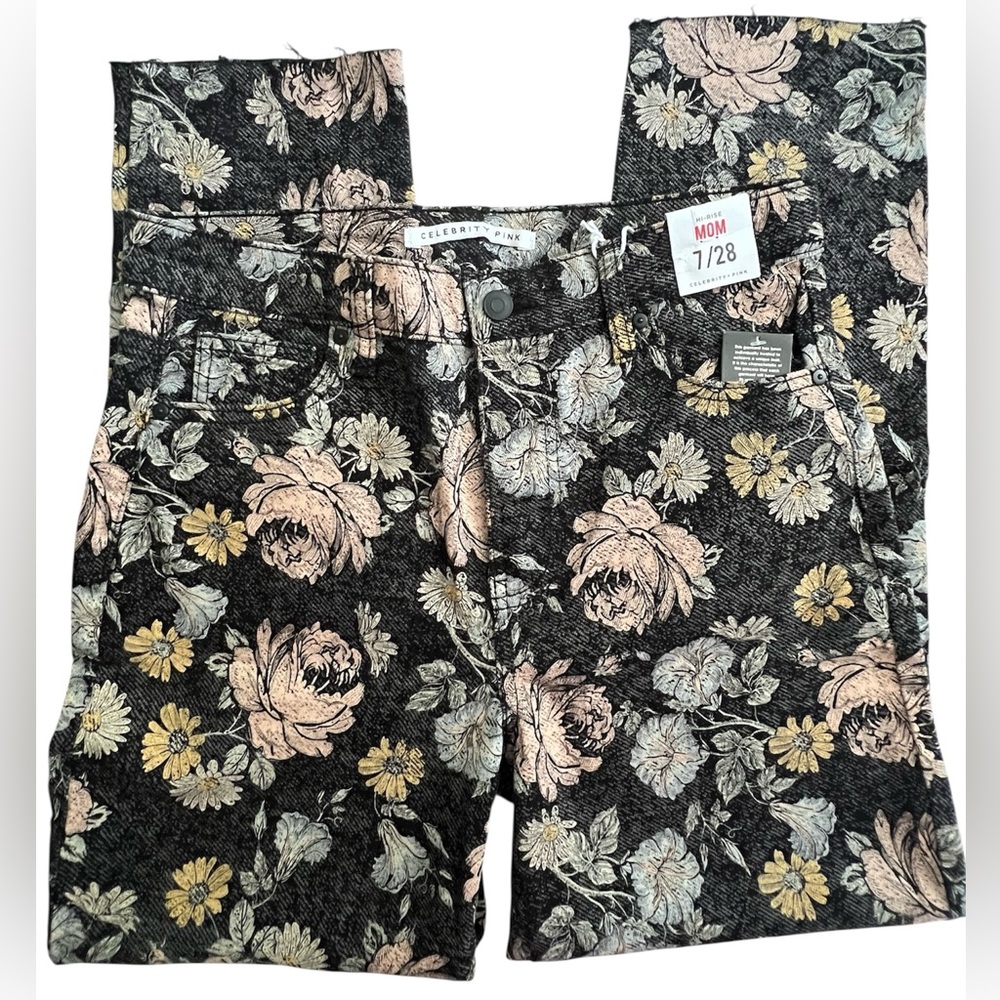 Celebrity Pink Black Hi Rise Mom Multi Color Floral Jeans, NWT, Size 7/28